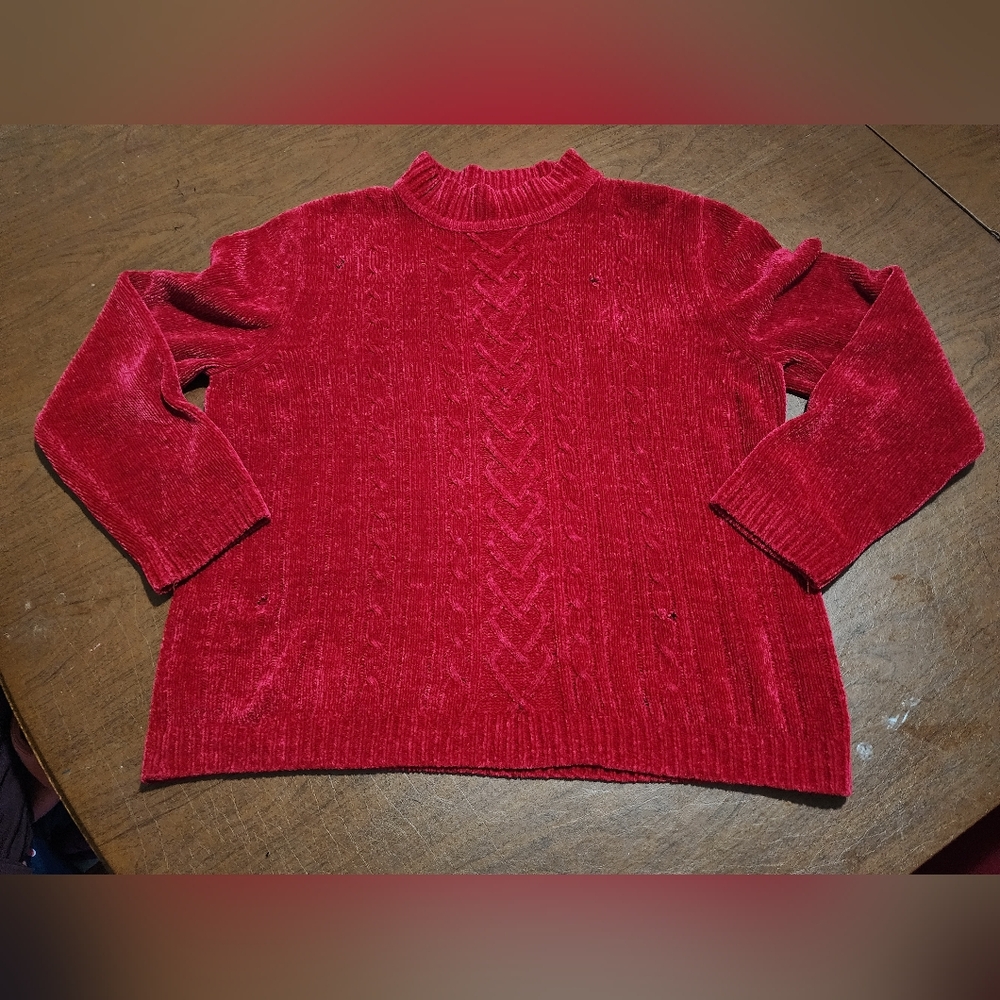 Alfred Dunner Vibrant Red Crew Neck Distressed Sweater - Picture 1 of 6